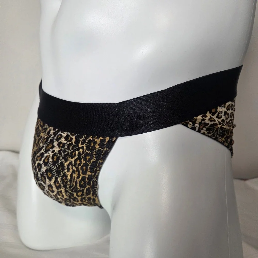 Cosabella Mens Leopard Print Lace Brief Black Elastic Waistband Animal Pattern